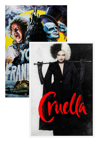 Young Frankenstein (1974) poster and Cruella (2021) poster